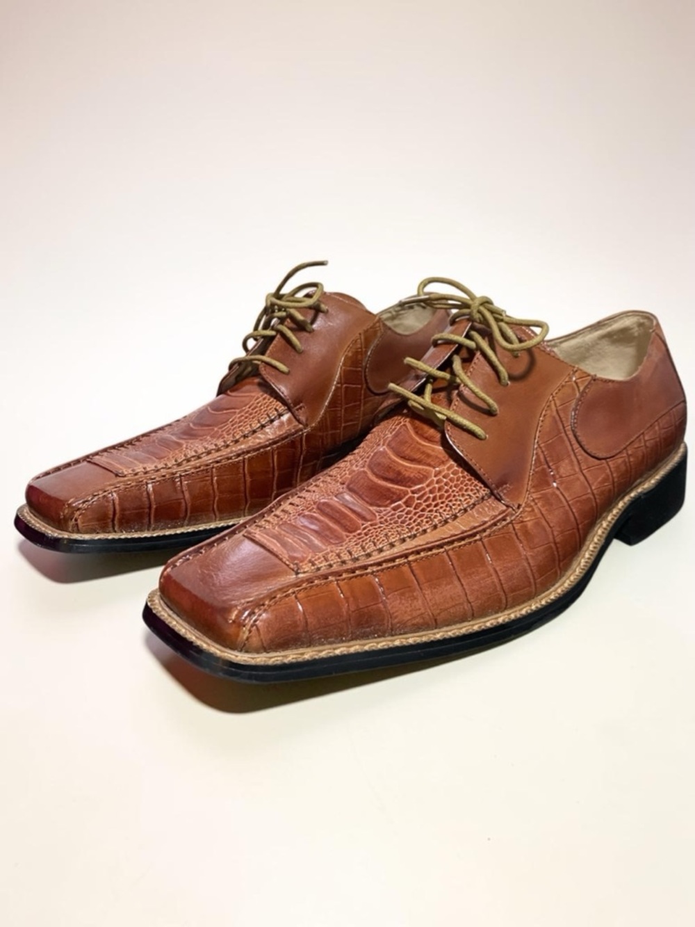 Stacy Adams Brown Cognac Croc Embossed Leather Oxford Shoes Mens 9.5M Square Toe - Picture 6 of 12
